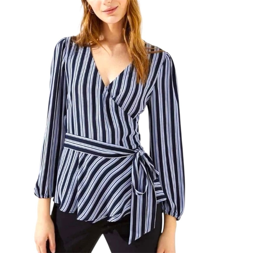 LOFT Women's Striped Wrap Blouse Size‎ M | Long Sleeve Belted Top